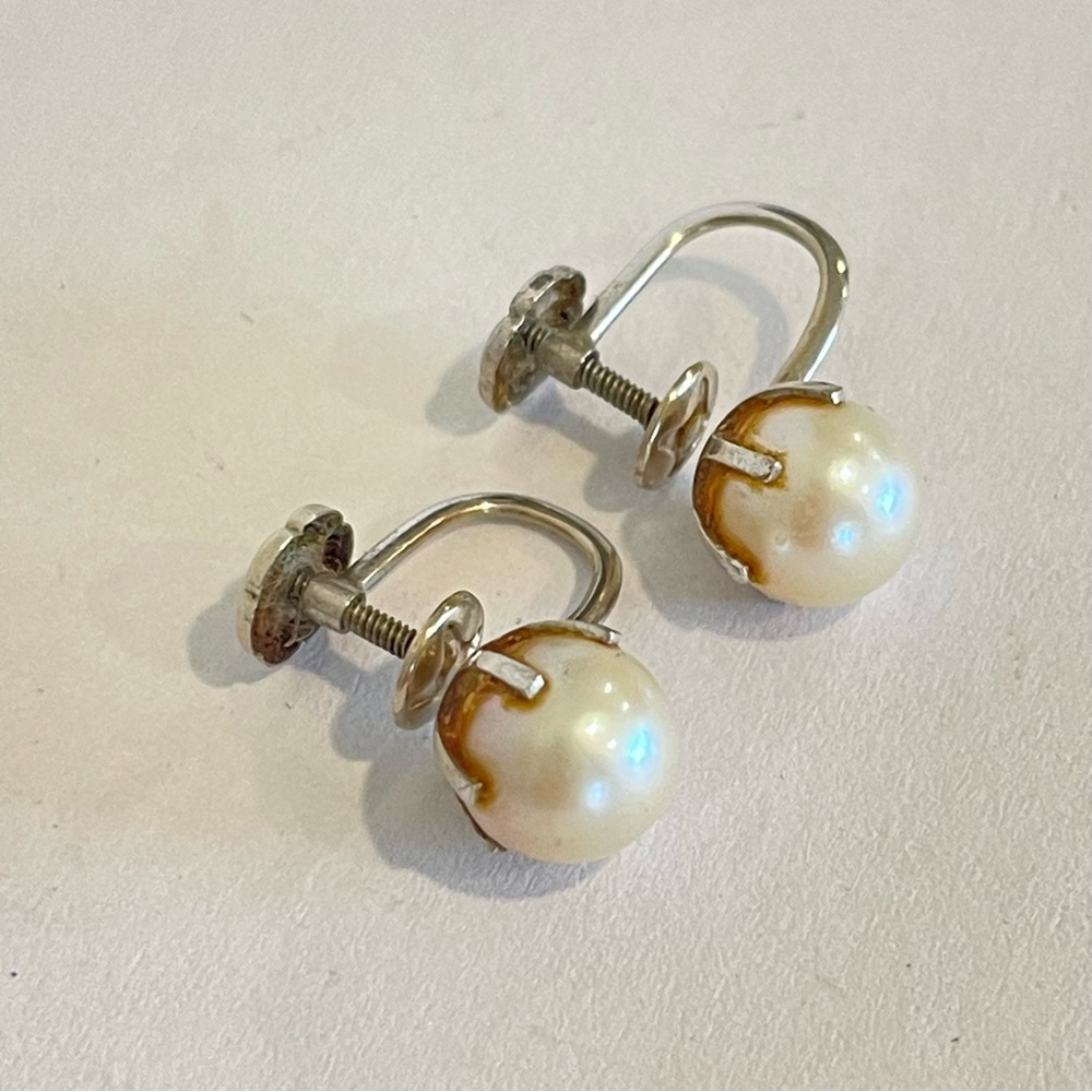 Vintage Caged Screwback Earrings 10k White Gold Pearl Earrings